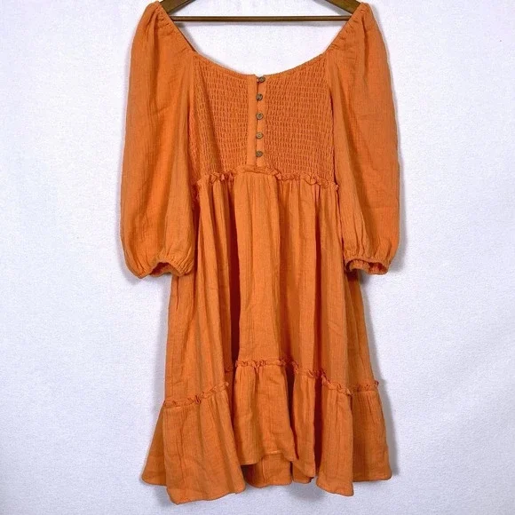 NEW Easel Sz L Large Cotton Gauze Mini Dress Pockets Coastal Peasant Boho Beach - Picture 2 of 6